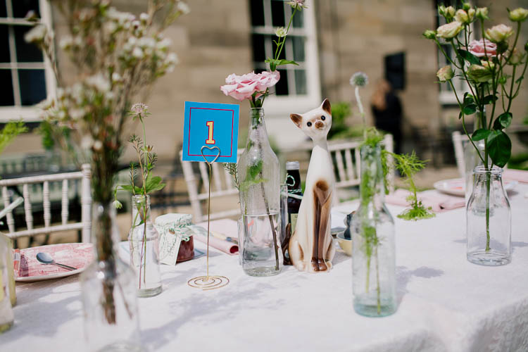 Cat Ornament Decor Flowers Tables Centrepieces Quirky Stylish Home Made Woodland Wedding http://bloomweddings.co.uk/