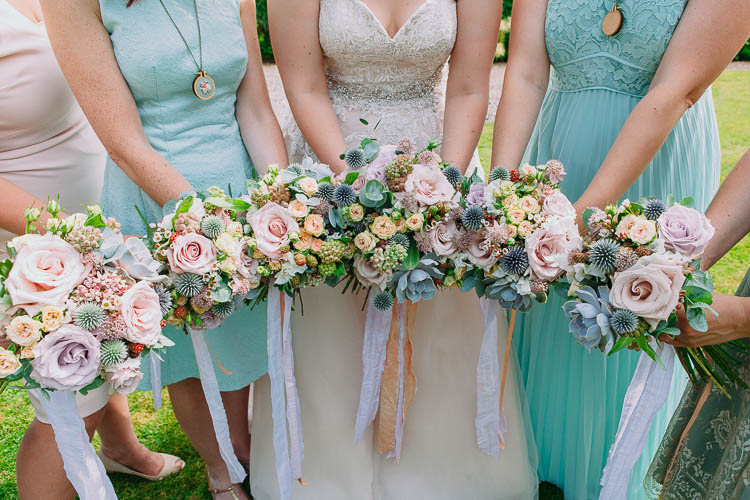Pastel Bouquets Ribbons Bride Bridesmaids Quirky Stylish Home Made Woodland Wedding http://bloomweddings.co.uk/