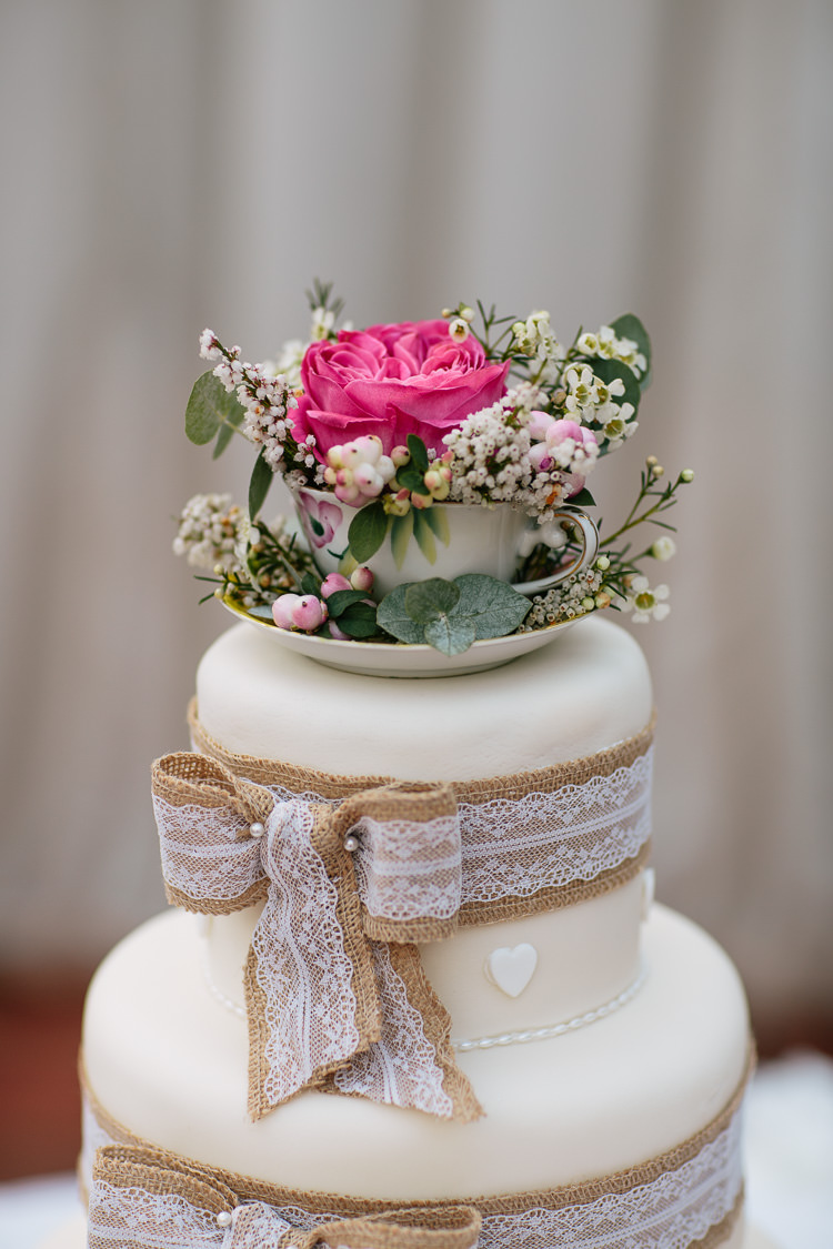 Tea Cup Flowers Hessian Lace Cake Vintage Bohemian Floral Vineyard Wedding http://albertpalmerphotography.com/