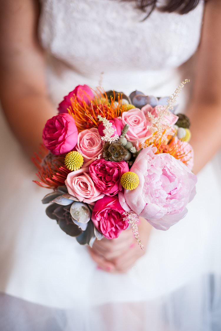 Pink Yellow Flowers Bouquet Bride Bridal Peony Billy Balls Bright Fresh Mexican Inspired Wedding http://www.photographybykatie.co.uk/