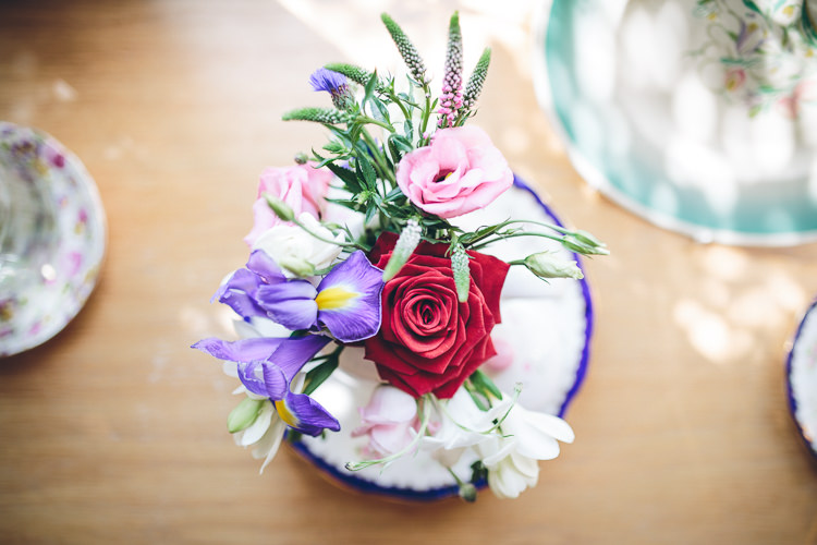 Tea Cup Flowers Red Purple Pink Great British Tea Party Wedding http://www.kategrayphotography.com/