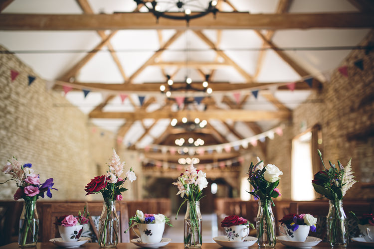 Tea Cup Bottle Flowers Barn Great British Tea Party Wedding http://www.kategrayphotography.com/