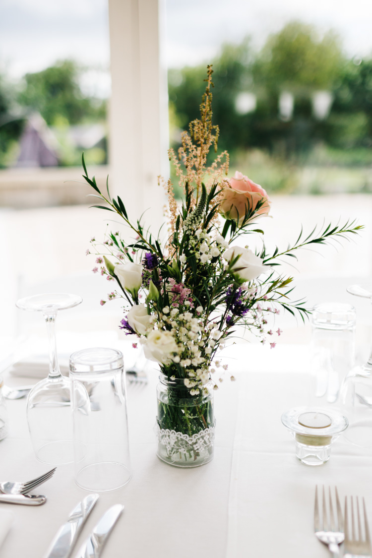 Lace Jar Flowers Centrepiece Relaxed DIY Pastel Wedding http://www.honeyandthemoonphotography.co.uk/