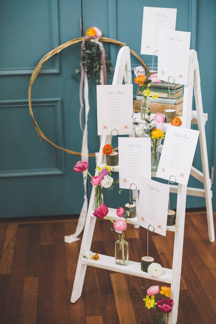 Ladder Seating Table Plan Chart Flowers Bottles Books Spring Time Chic Wedding Ideas http://graceelizabethphotography.com/