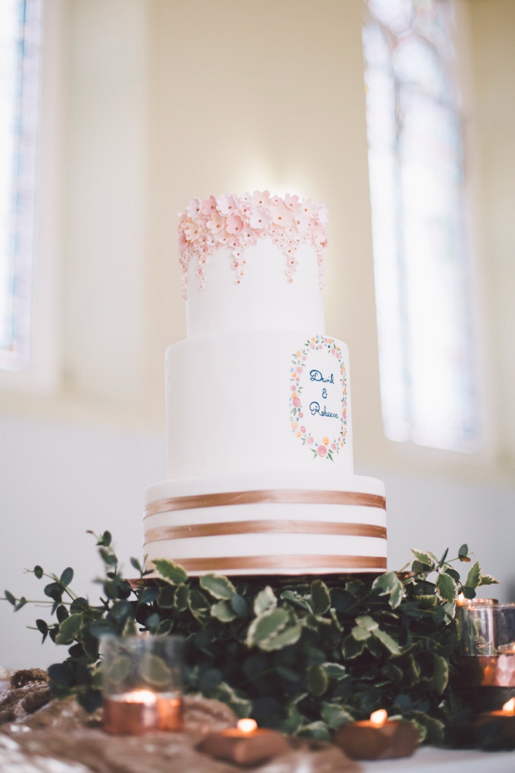 Illustrated Cake Names Florals Flowers Icing Copper Metallic Spring Time Chic Wedding Ideas http://graceelizabethphotography.com/