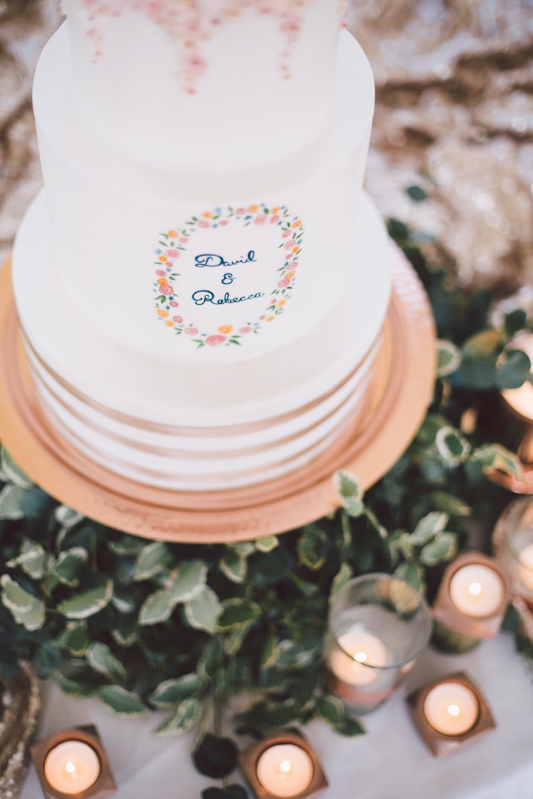 Illustrated Cake Names Florals Flowers Icing Copper Metallic Spring Time Chic Wedding Ideas http://graceelizabethphotography.com/