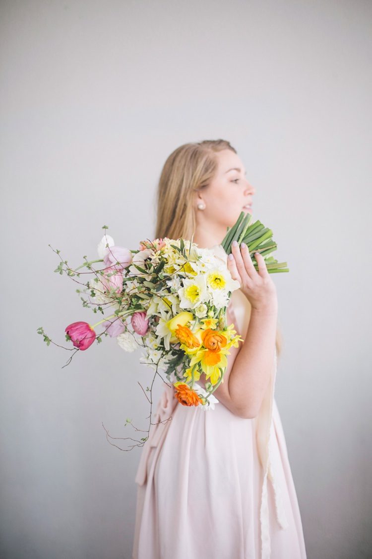 Bouquet Flowers Daffodils Tulips Yellow Pink Bride Bridal Ribbon Spring Time Chic Wedding Ideas http://graceelizabethphotography.com/