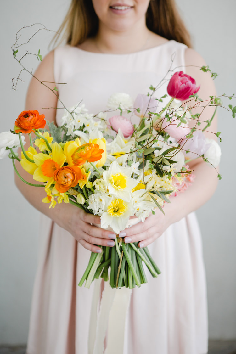ribbon Bouquet Flowers Daffodils Tulips Pink Yellow Bride Bridal Spring Time Chic Wedding Ideas http://graceelizabethphotography.com/