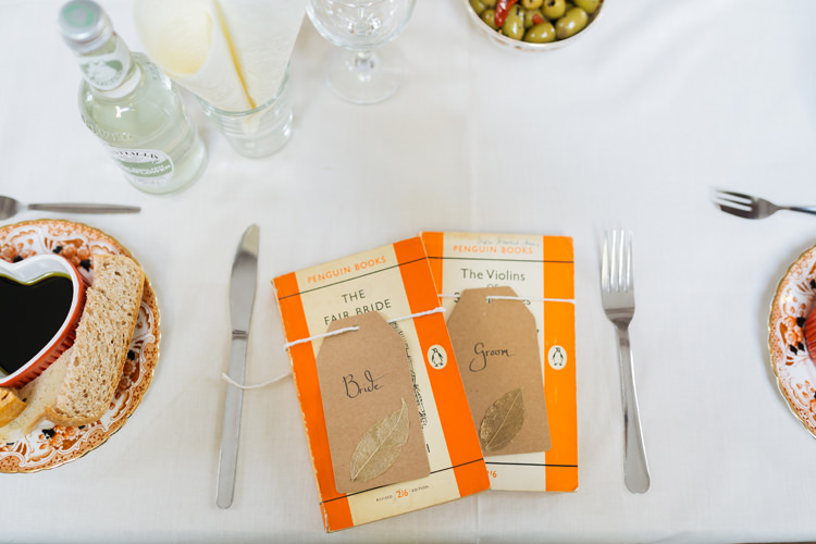 Penguin Book Favours Luggage Tag Leaf Place Cards Names Autumn Literary Hand Made Wedding http://jamesandlianne.com/