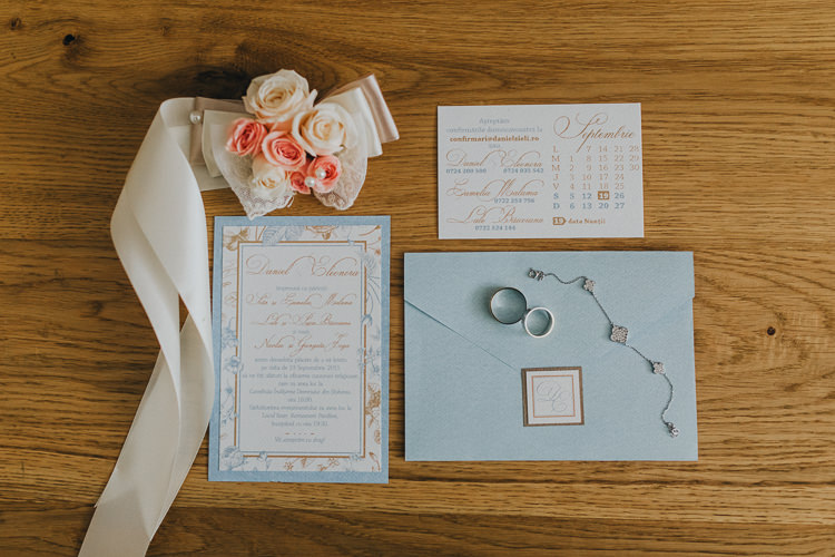 Blue Stationery Invitations Pink Gold Wedding Romania http://www.framesandtales.com/