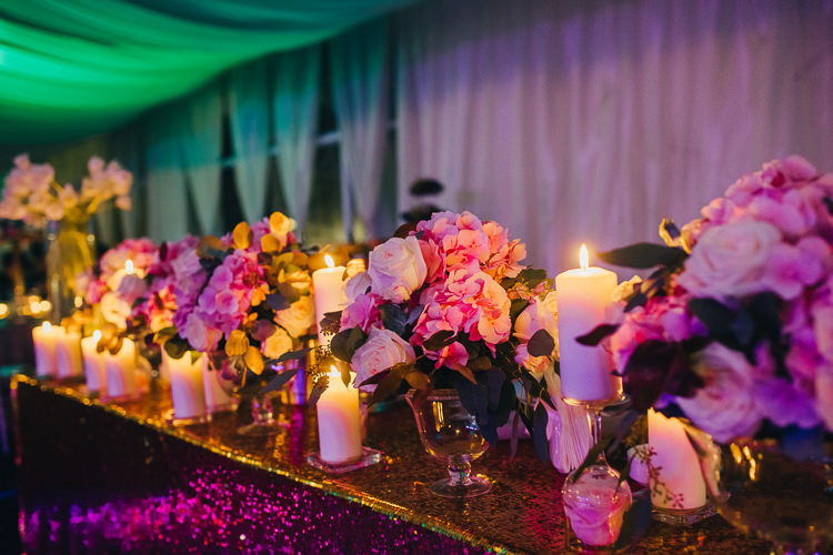Flowers Sequin Table Runner Cloth Candles Pink Gold Wedding Romania http://www.framesandtales.com/