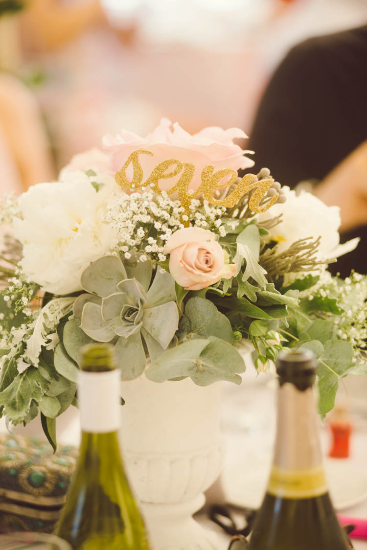 Flowers Glitter Table Number Mint Gold Peach Summer Marquee Wedding http://elizaclaire.com