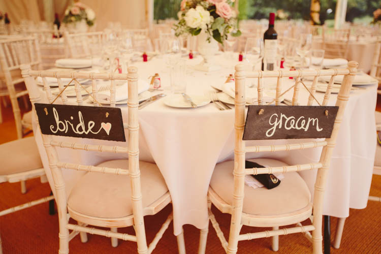 Bride Groom Slate Signs Chairs Mint Gold Peach Summer Marquee Wedding http://elizaclaire.com