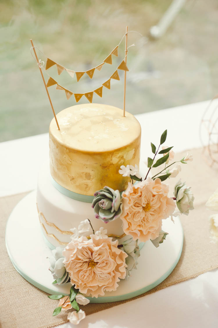 Cake Flowers Bunting Metallic Mint Gold Peach Summer Marquee Wedding http://elizaclaire.com