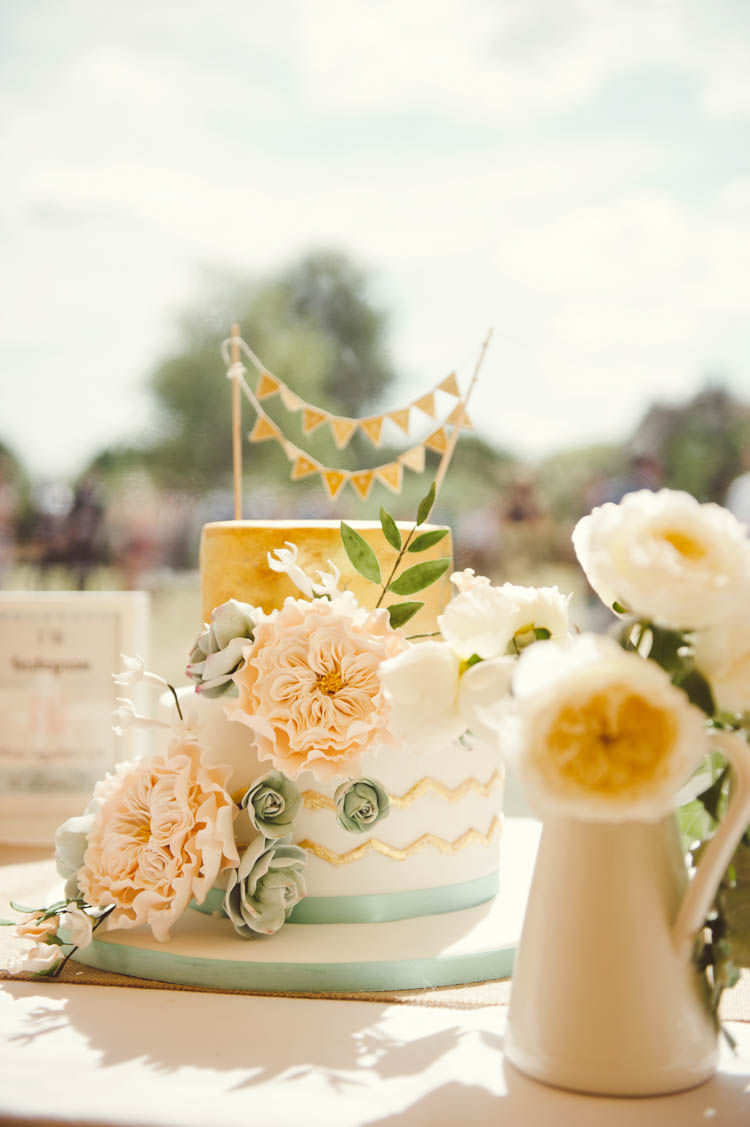 Metallic Cake Chevron Flowers Bunting Mint Gold Peach Summer Marquee Wedding http://elizaclaire.com
