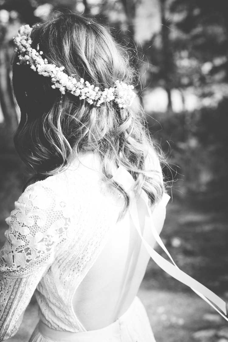 Flower Crown Backless Ribbon Dress Free People Bride Bridal Bohemian Loch Pine Forest Wedding http://solenphotography.co.uk/