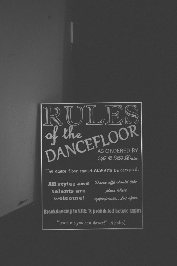 Dancefloor Rules Sign Bohemian Loch Pine Forest Wedding http://solenphotography.co.uk/