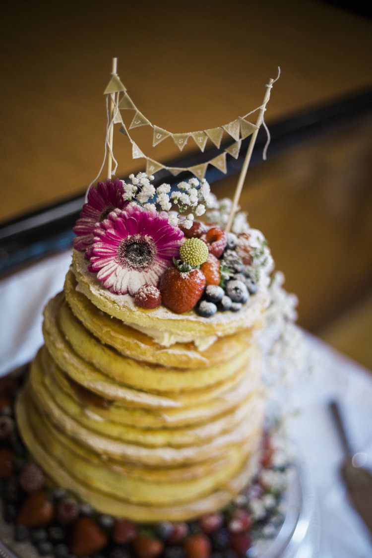 Layer Naked Cake Berries Sponge Bunting Flowers Bohemian Loch Pine Forest Wedding http://solenphotography.co.uk/