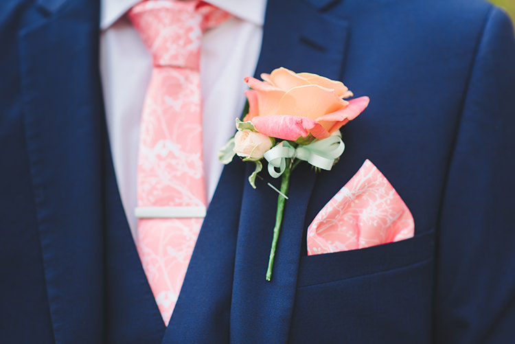 Coral Rose Buttonhole Groom Pretty Pastel Sparkly Wedding https://www.georgimabee.com/