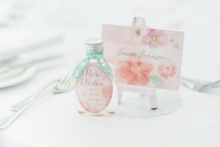Easel Place Names Floral Vodka Favour Pretty Pastel Sparkly Wedding https://www.georgimabee.com/