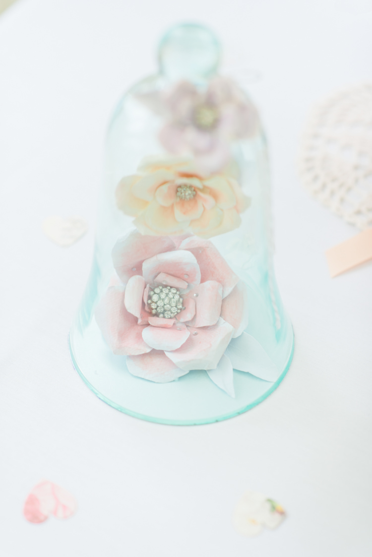 Paper Flowers Bell Jar Decor Pretty Pastel Sparkly Wedding https://www.georgimabee.com/