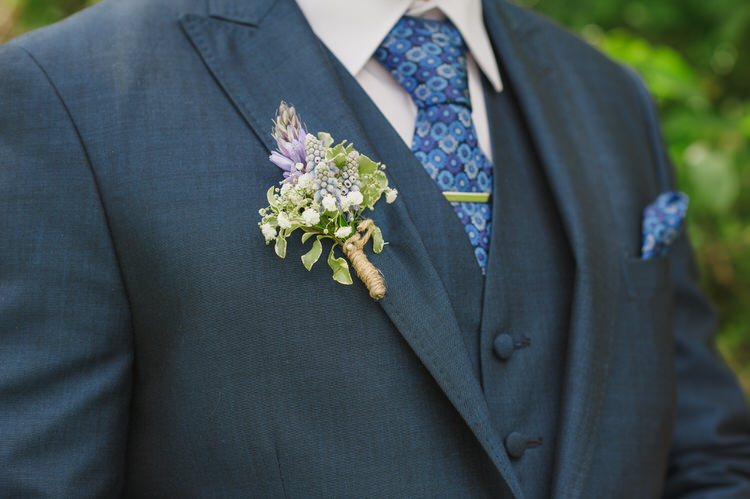 White Twine Buttonhole Groom Pretty Blue Country Barn Spring Wedding http://karenflowerphotography.com/