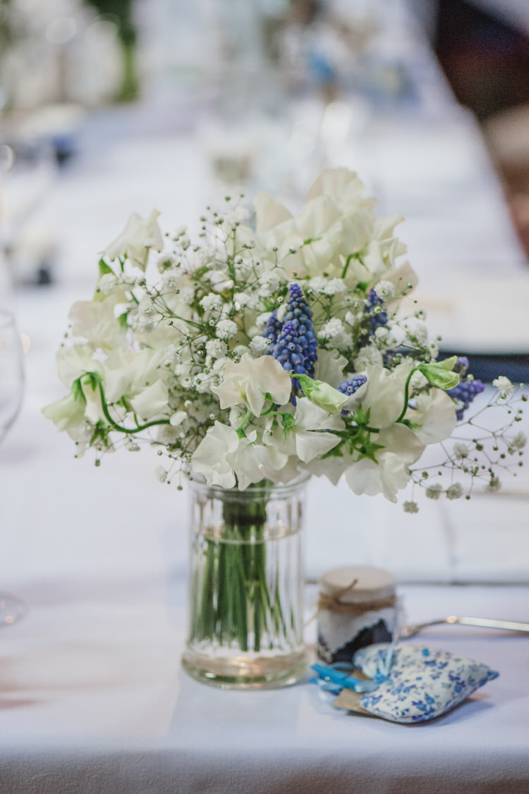 White Flowers Jars Centrepiece Tables Decor Pretty Blue Country Barn Spring Wedding http://karenflowerphotography.com/