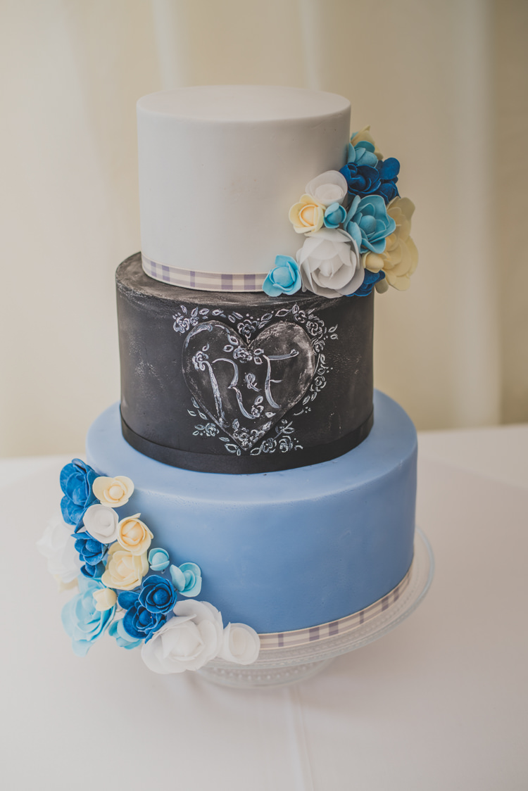 Black Board Chalk Cake Blue White Flowers Victorian Railway Station Wedding http://annamorganphotography.co.uk/