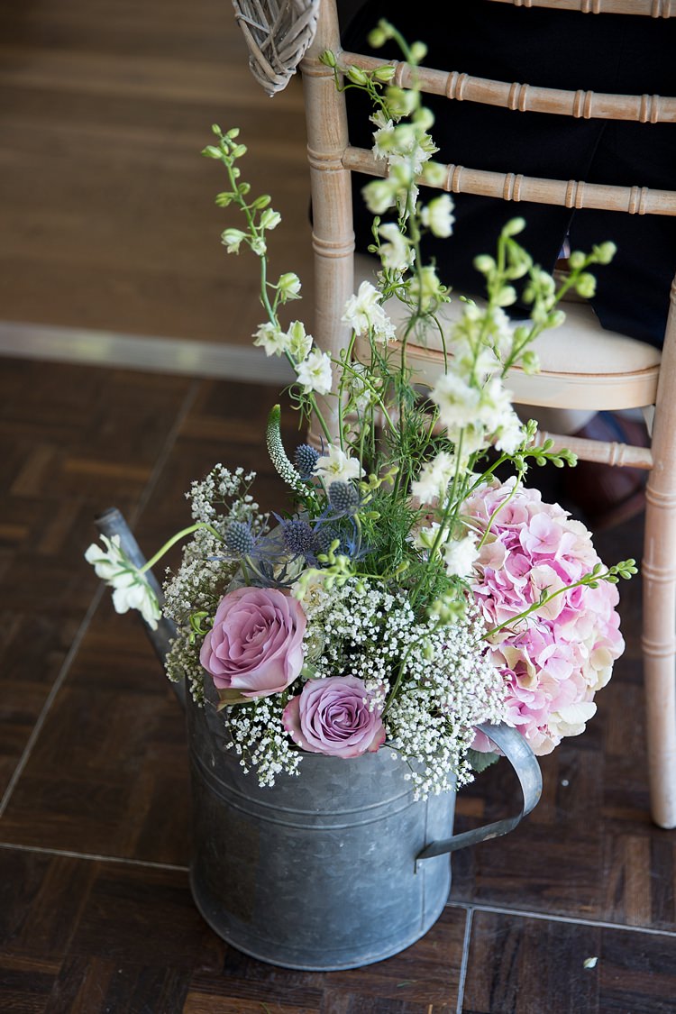 Watering Can Flowers Hydrangea Pink White Roses Thistle Pastel Country Garden Wedding http://www.katherineashdown.co.uk/