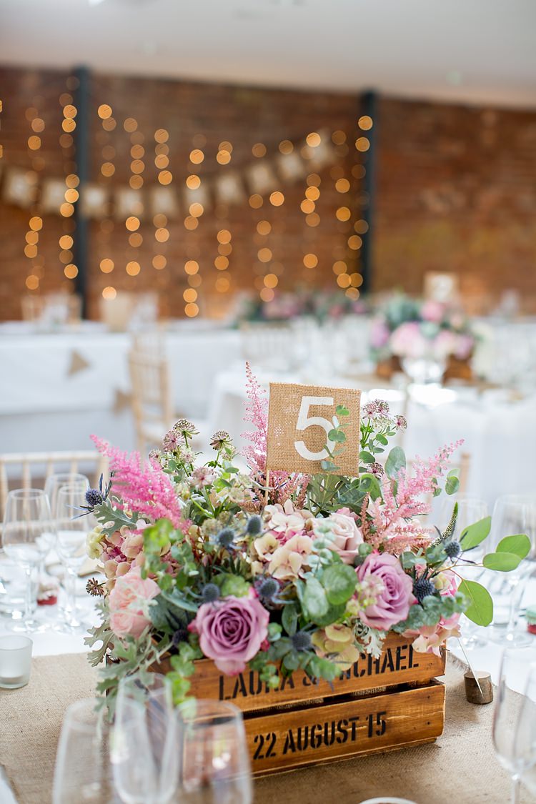 Crate Flowers Pink Hessian Table Number Pastel Country Garden Wedding http://www.katherineashdown.co.uk/ 
