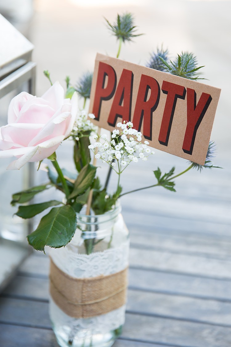 Jar Flowers Hessian Lace PARTY Sign Pastel Country Garden Wedding http://www.katherineashdown.co.uk/ 