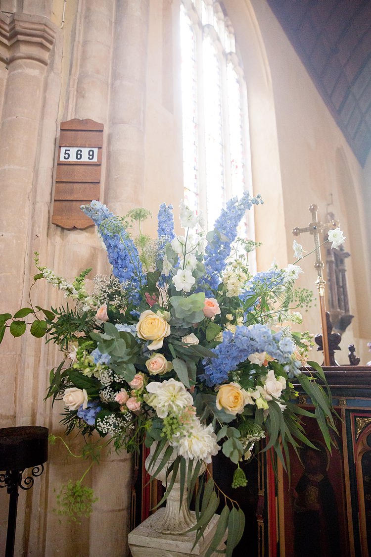 Church Flowers Blue Peach Ivory Summer Large Natural Soft Stylish Luxe Wedding http://www.katherineashdown.co.uk/