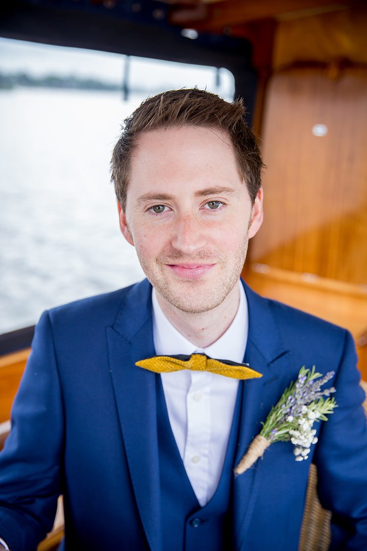 Blue Suit Tweed Bow Tie Groom Floral Mustard Boathouse Wedding http://www.katherineashdown.co.uk/