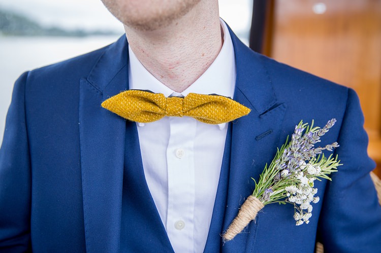 Tweed Bow Tie Lavender Rosemary Buttonhole Floral Mustard Boathouse Wedding http://www.katherineashdown.co.uk/