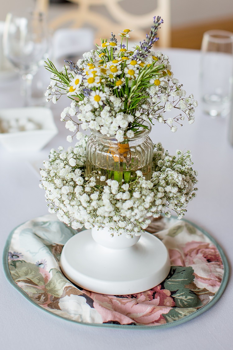 Jar Flowers Lavender Daisy Rosemary Gypsophila Floral Mustard Boathouse Wedding http://www.katherineashdown.co.uk/