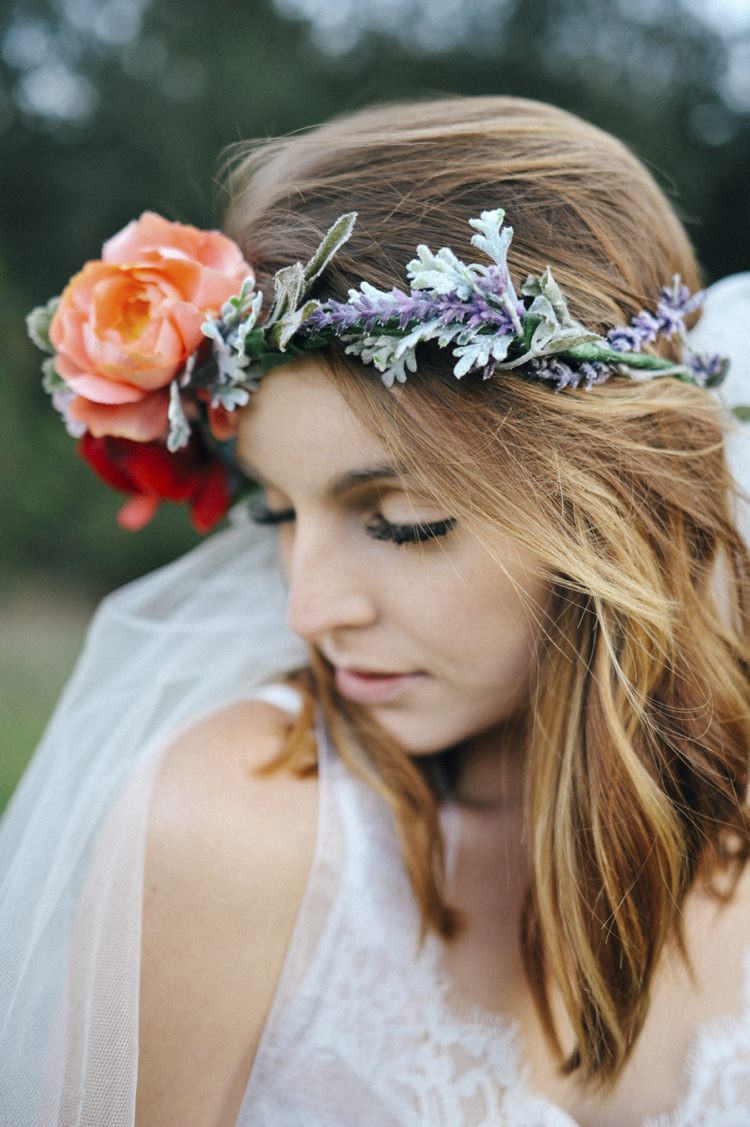 Flower Crown Headdress Halo Bride Bridal Peach Red Hip Bohemian Styled Elopement http://www.kylieraephotography.com/