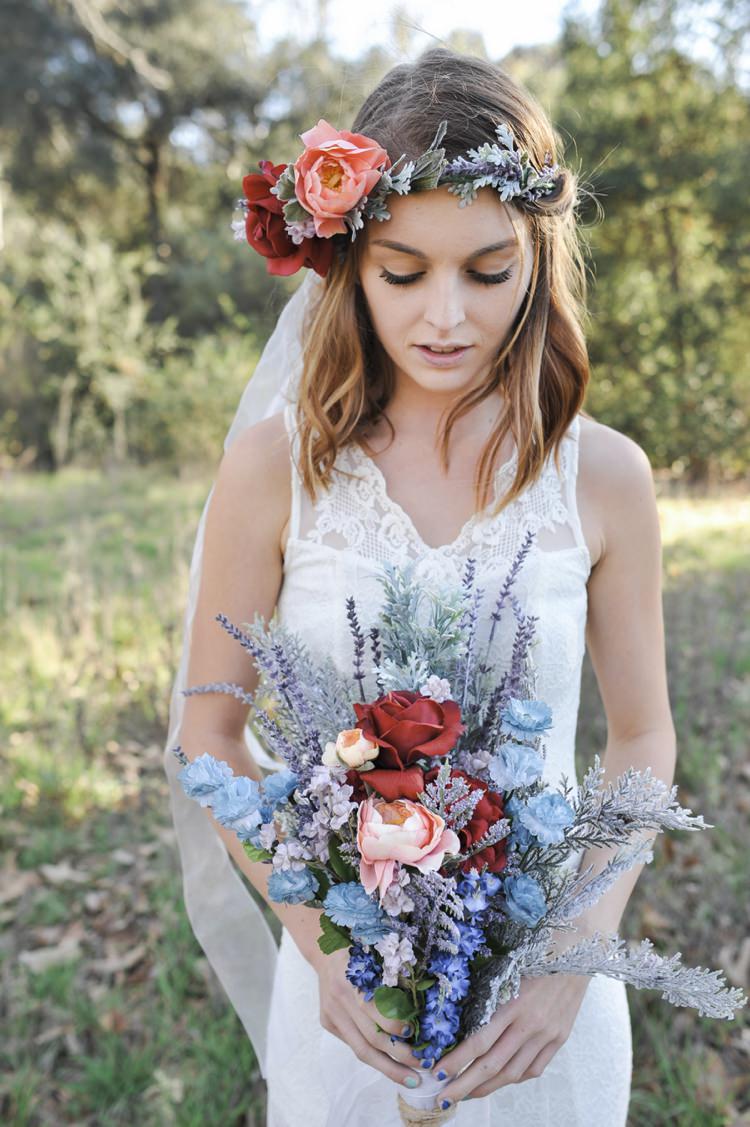 Bride Bridal Flowers Bouquet Wild Red Peach Blue Hip Bohemian Styled Elopement http://www.kylieraephotography.com/