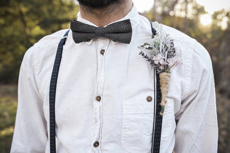 Twine Buttonhole Groom Braces Bow Tie Hip Bohemian Styled Elopement http://www.kylieraephotography.com/
