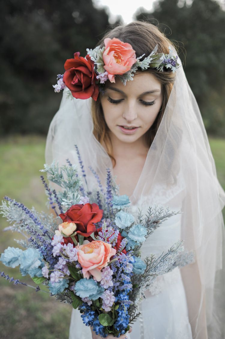 Wild Bouquet Flowers Bride Bridal Blue Peach Red Hip Bohemian Styled Elopement http://www.kylieraephotography.com/