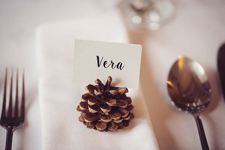 Pinecone Place Name Card Setting Alpine Winter Christmas Wedding http://www.tireedawson.co.uk/