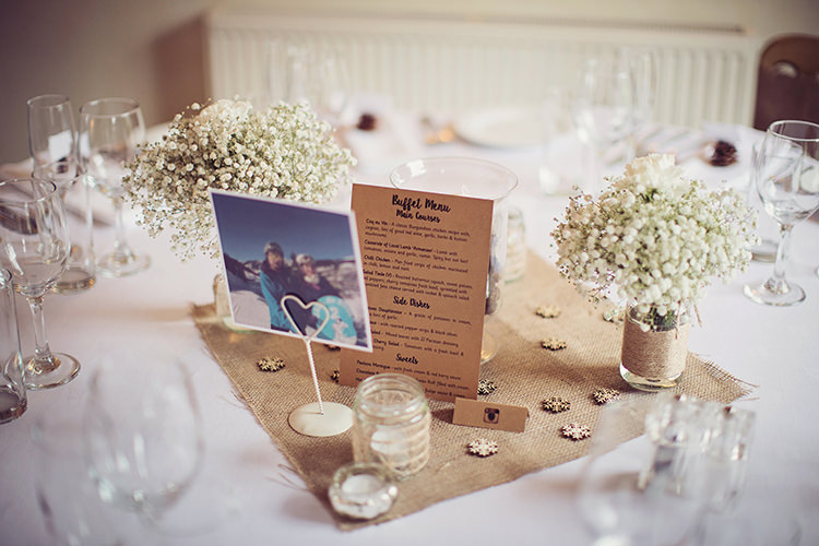 Hessian Twine Jar Flowers Gypsophila Centrepiece Alpine Winter Christmas Wedding http://www.tireedawson.co.uk/
