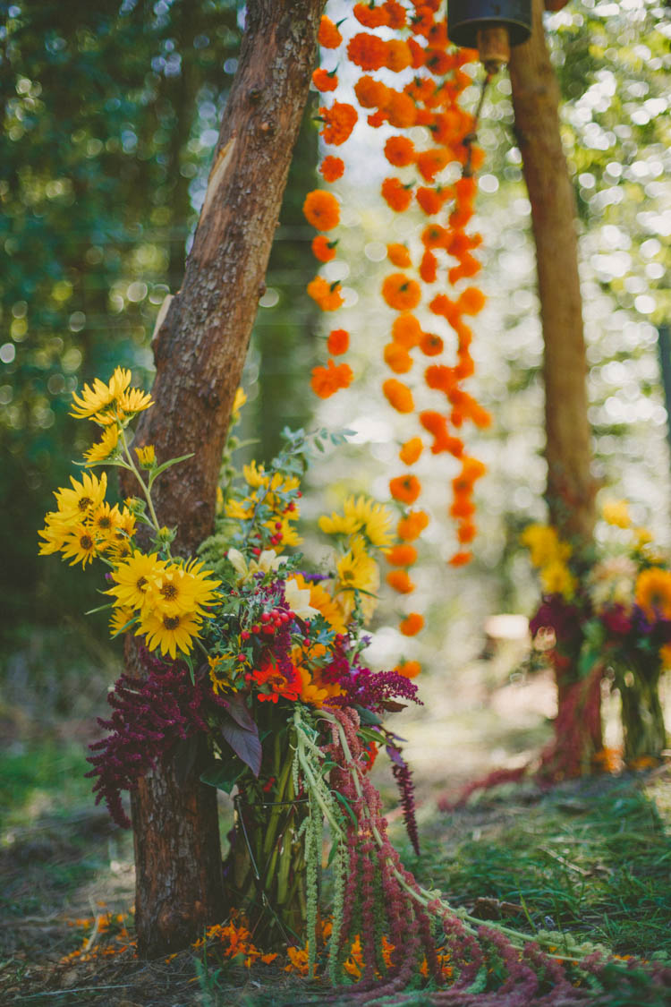 Autumn Flowers Yellow Orange Ceremony Aisle Farmer's Wedding Forest http://www.lenkalandphotography.com/
