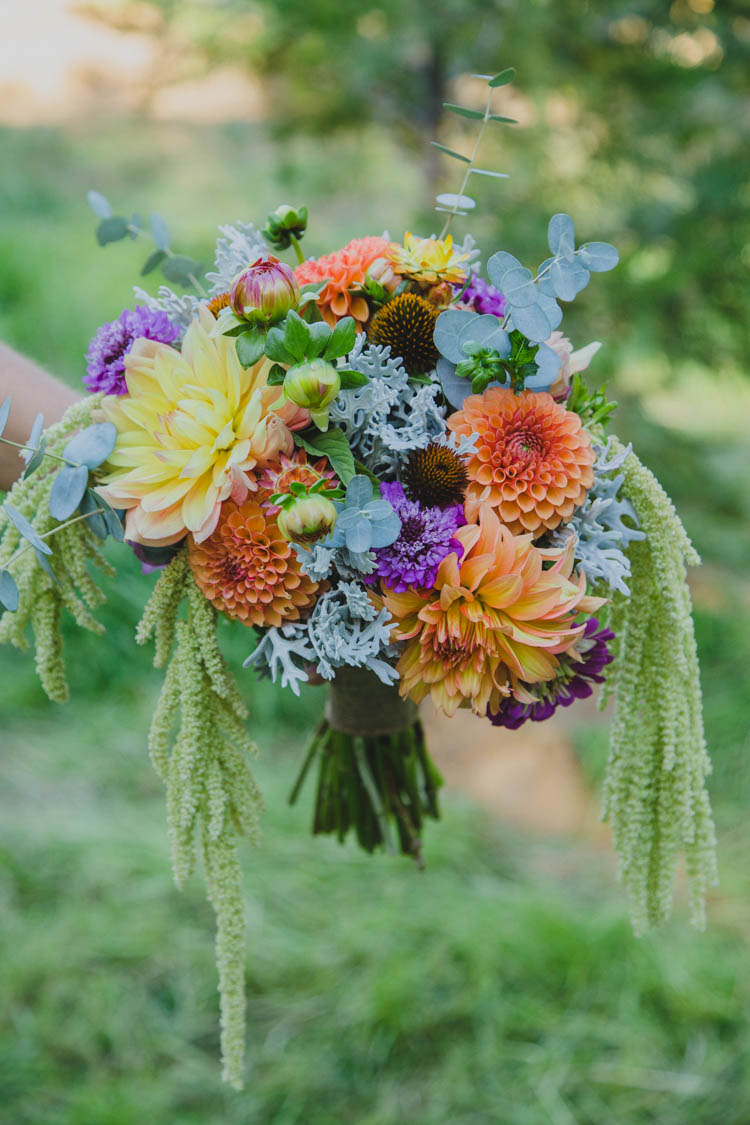 Bouquet Autumn Flowers Bride Bridal Dahlias Yellow Orange Purple Farmer's Wedding Forest http://www.lenkalandphotography.com/