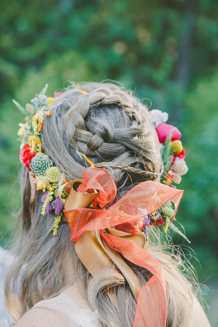 Bride Bridal Hair Plait Flower Crown Style Ribbons Farmer's Wedding Forest http://www.lenkalandphotography.com/