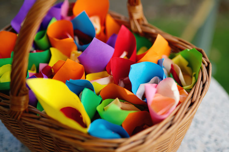 Confetti Cones Basket Fresh Fun Rainbow Garden Wedding http://www.lydiastampsphotography.com/