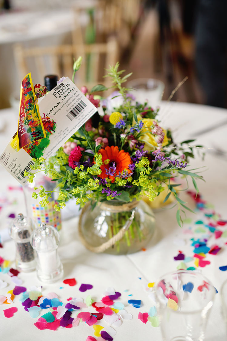 Jar Vase Flowers Centrepiece Heart Confetti Tables Fresh Fun Rainbow Garden Wedding http://www.lydiastampsphotography.com/