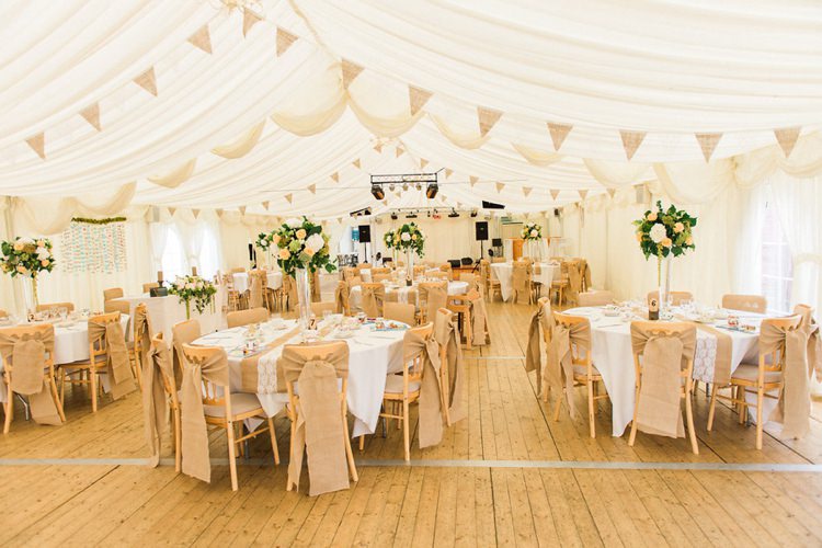 Marquee Hessian Bunting Chair Bows Covers Rustic Floral Peach Wedding http://www.folegaphotography.co.uk/