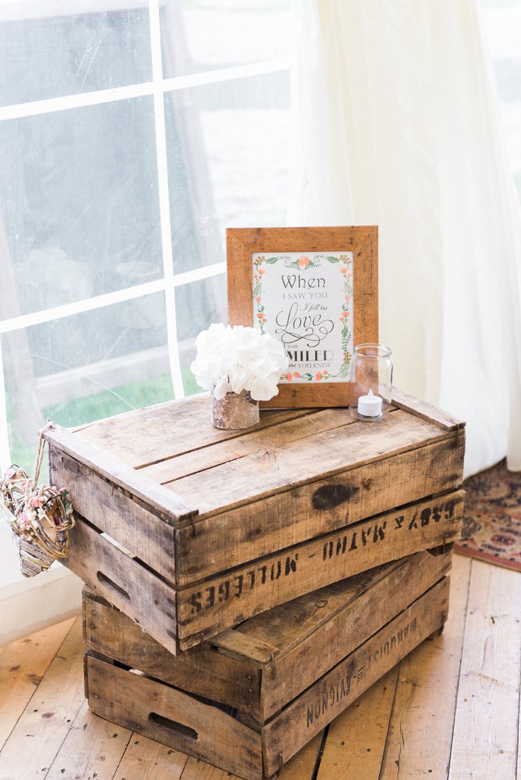 Crate Decor Flowers Sign Rustic Floral Peach Wedding http://www.folegaphotography.co.uk/