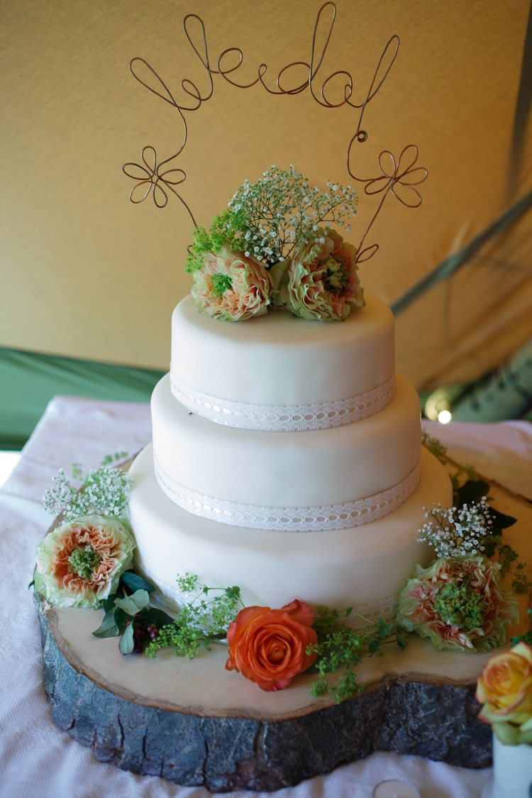 White Iced Cake Ribbon Flowers Log Country Fete Garden Festival Wedding http://sharoncooper.co.uk/