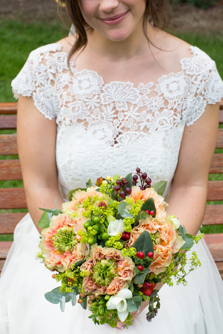 Bouquet Flowers Bride Bridal Peach Green Berries Country Fete Garden Festival Wedding http://sharoncooper.co.uk/